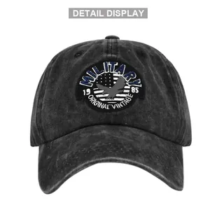 Vintage black washed cotton military baseball cap with 3D eagle embroidery and distressed finish