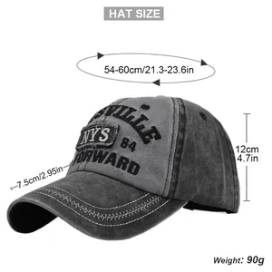 Detailed size guide of vintage washed canvas baseball cap with 3D embroidery measurements