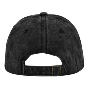 Detail view of the vintage washed baseball cap back with adjustable metal buckle strap