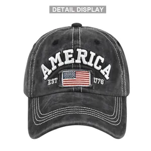 Vintage dark gray baseball cap with white AMERICA 1776 embroidery and US flag patch