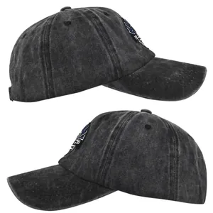 Detail of vintage washed cotton baseball cap with 85 embroidery and distressed finish