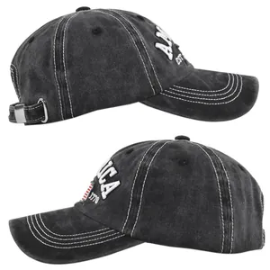 Detail of vintage washed black baseball cap with 3D America embroidery and white stitching