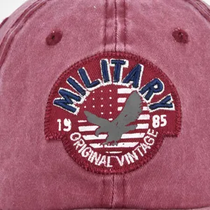 Vintage washed burgundy cotton baseball cap with military eagle embroidery patch