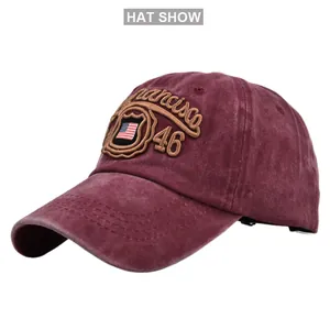 Close-up of vintage burgundy baseball cap with San Francisco flag shield 3D embroidery