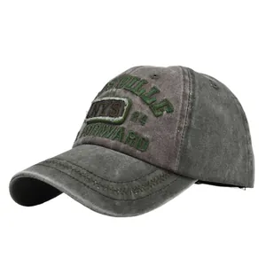 Detailed side view of washed cotton vintage baseball cap with 3D NYS embroidery texture