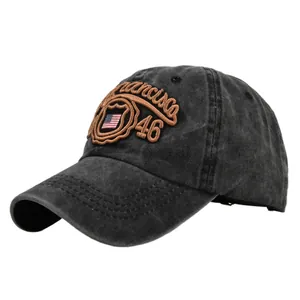 Detailed close-up of retro washed cotton baseball cap with American flag embroidery
