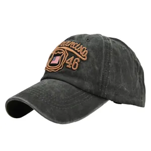 Detail of vintage washed cotton baseball cap with 3D San Francisco embroidery and flag