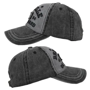 Detail of NYS embroidery and white contrast stitching on vintage charcoal baseball cap