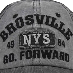 Vintage dark grey washed cotton baseball cap with NYS embroidery and distressed patch