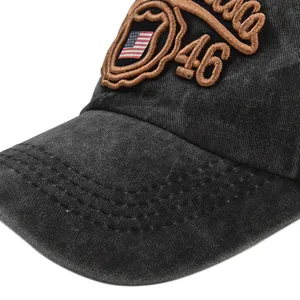 Close-up of vintage charcoal baseball cap with number 46 and American flag embroidery