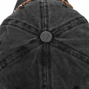 Detail shot of vintage washed canvas baseball cap featuring top button and stitched eyelets
