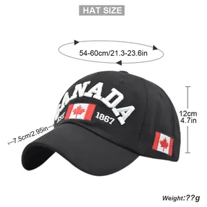 Detailed view of Canada maple leaf embroidery on black cotton baseball cap with size specs