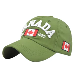 Olive green baseball cap with white CANADA embroidery and Canadian flag details