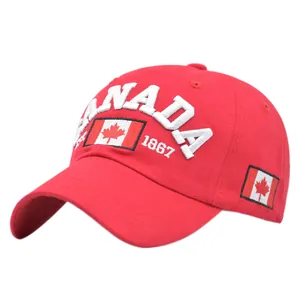 Close-up of red Canada baseball cap featuring white 3D embroidery and flag detail