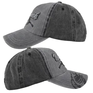 Détail de la broderie New York et motif requin sur casquette baseball grise vintage