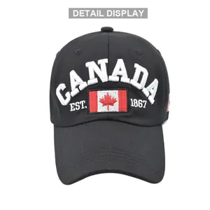 Black cotton baseball cap featuring CANADA 1867 embroidery with red maple leaf flag