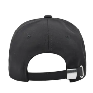 Detailed back view of a black baseball cap with adjustable metal buckle and fabric strap