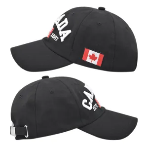 Detail of white Canada 1867 3D embroidery and maple leaf flag patch on black baseball cap