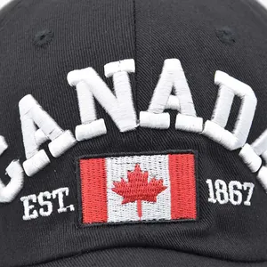 Black cotton baseball cap with white CANADA 1867 3D embroidery and red maple leaf flag