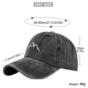 Size chart for washed vintage baseball cap showing 54-60cm circumference and mountain logo