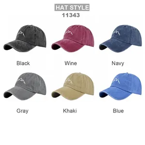 Matrix view of washed canvas baseball caps in six colors with mountain embroidery detail