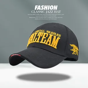 Detail of military baseball cap featuring high-density embroidery and tactical trident logo
