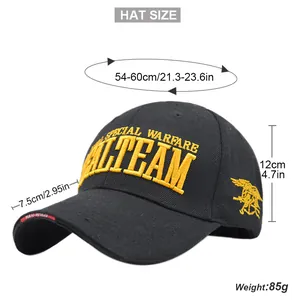 Detailed size chart for black SEAL TEAM tactical cap with embroidered navy seal trident