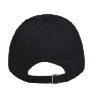 Rear view of black baseball cap showing the adjustable metal buckle and strap