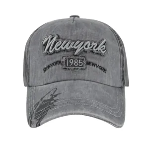 Casquette de baseball vintage grise brodée Newyork avec patch 1985 en coton lavé