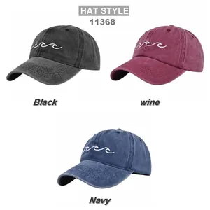 Vintage cotton baseball caps with wave embroidery in black, wine, and navy colors