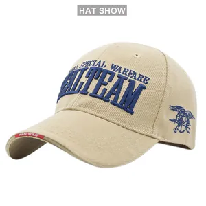 Detail of navy blue Seal Team 3D embroidery on a khaki tactical baseball cap