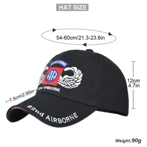 Size chart for 82nd Airborne baseball cap showing 54-60cm circumference and 7.5cm brim