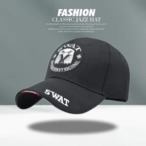 Detail of black tactical baseball cap featuring SWAT embroidery and high-quality eagle patch