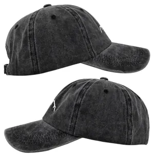 Close-up of side mountain embroidery on vintage washed cotton baseball cap