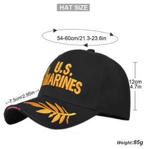 Close-up of 3D embroidered U.S. Marines logo and golden leaves on black tactical baseball cap