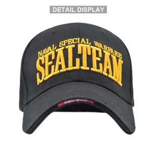 Detail of NAVAL SPECIAL WARFARE SEAL TEAM gold embroidery on a black tactical baseball cap