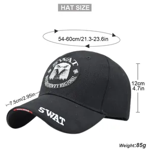 Detail of black tactical SWAT baseball cap featuring eagle shield embroidery and cotton twill texture