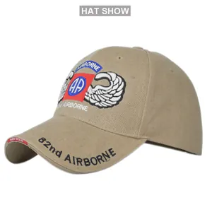 Close-up of 82nd Airborne Division embroidery on khaki cotton tactical baseball cap