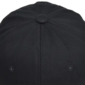Detailed macro view of black cotton baseball cap top button and embroidered eyelets