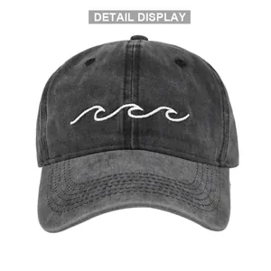 Vintage dark gray baseball cap with white wave embroidery and washed denim texture