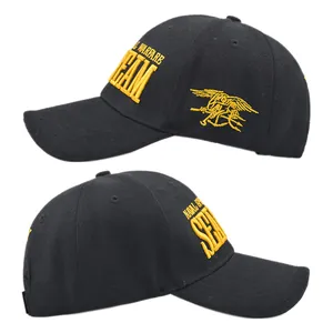 Detail of SEAL TEAM yellow embroidery on black cotton twill tactical baseball cap