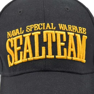 Tactical black baseball cap with yellow Seal Team embroidery and Naval Special Warfare text