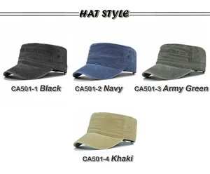 Detailed side view of flat top cadet military caps in four assorted vintage washed colors