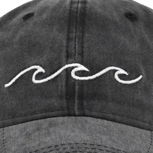 Vintage dark grey washed cotton baseball cap with white wave embroidery detail