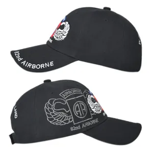 Detailed side view of high-quality 3D embroidery on the 82nd Airborne black baseball cap