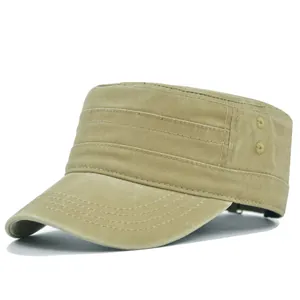Detail of khaki cotton cadet cap showing side ventilation eyelets and washed fabric texture