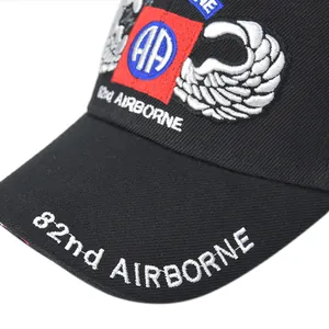 Close-up of the 82nd Airborne Division embroidery and fine stitching on a black cotton cap