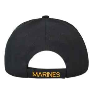 Rear view detail of black twill baseball cap with yellow Marines embroidery and strap