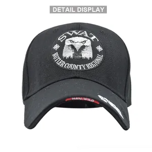 Tactical black baseball cap featuring an eagle SWAT patch and durable canvas fabric
