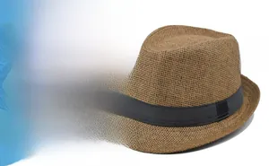 Detail of a brown woven straw fedora hat featuring a classic black grosgrain ribbon band